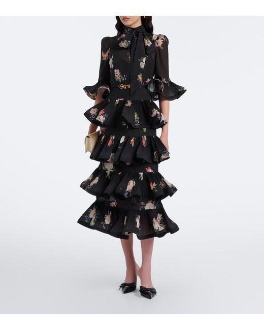 Zimmermann Black Floral Pleated Ruffled Midi Dress