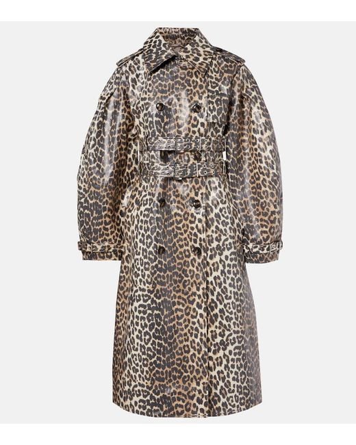Ganni Natural Leopard-Print Cotton Canvas Trench Coat