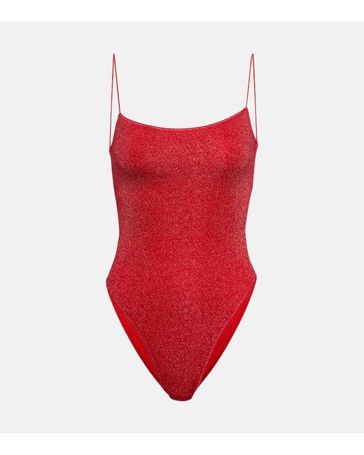 Oseree Red Lumiere Square Lame Swimsuit