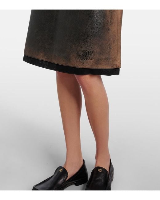 Miu Miu Black Suede-Trimmed Leather Midi Skirt