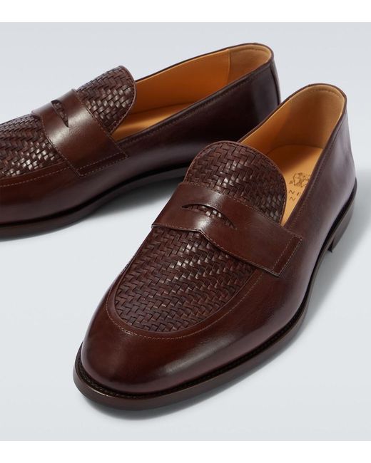 Brunello Cucinelli Brown Woven Leather Penny Loafers for men