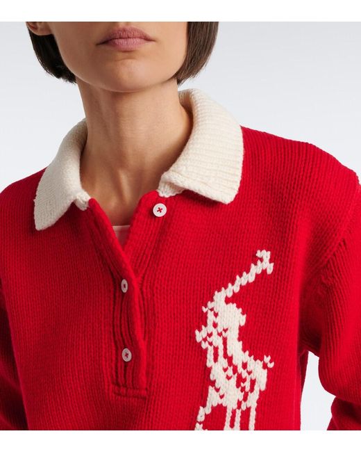Polo Ralph Lauren Red Big Pony Intarsia Wool Polo Sweater