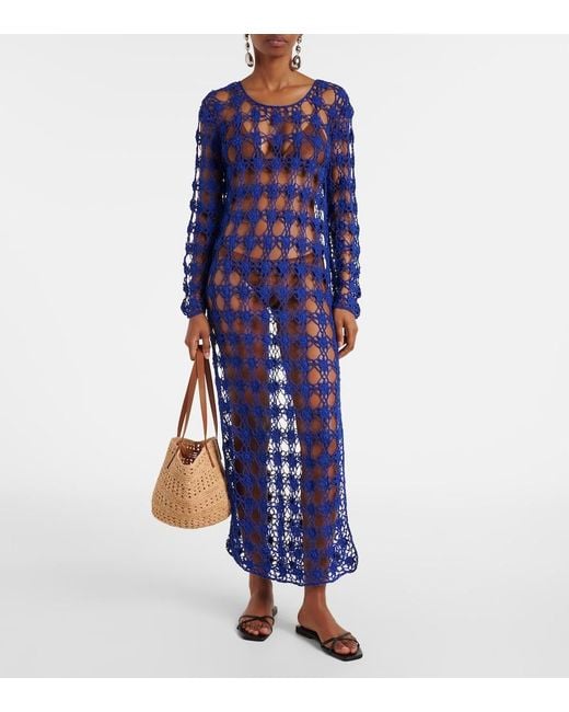 Anna Kosturova Blue Crochet Cotton Maxi Dress