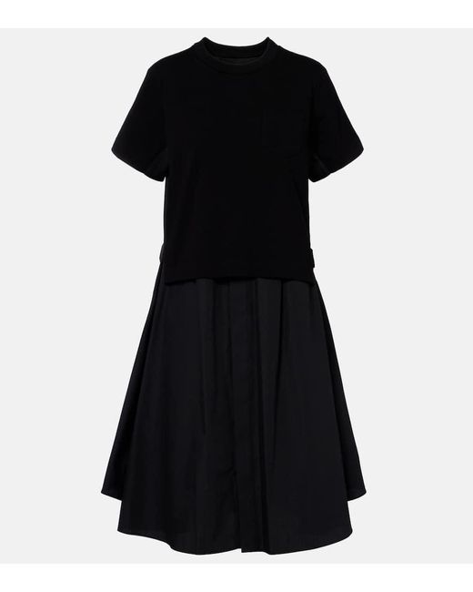Sacai Black Cotton Poplin And Jersey Maxi Dress