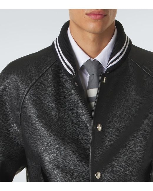 Thom Browne Black 4-Bar Leather Bomber Jacket for men