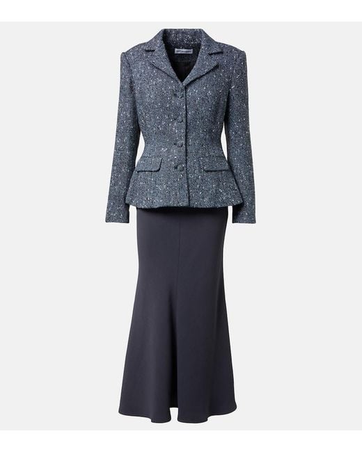 Self-Portrait Blue Boucle And Crepe Midi Dress