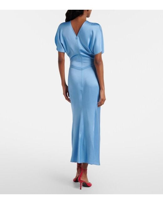 Victoria Beckham Blue Gathered Satin Midi Dress