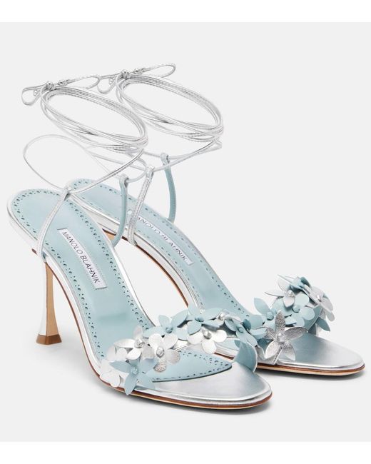 Manolo Blahnik Blue Anista Floral-Applique Leather Sandals