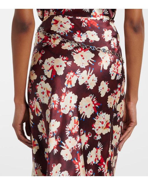 Rabanne Red Chain-Detail Floral Silk Maxi Skirt