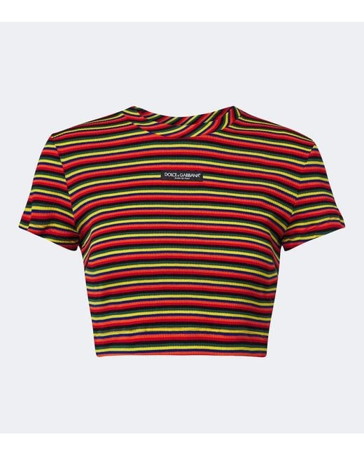 Dolce & Gabbana Red Cropped Striped Cotton T-Shirt