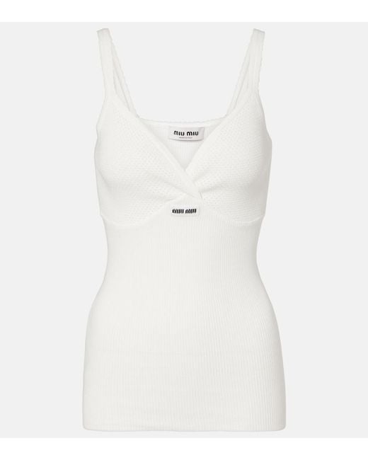 Miu Miu Cotton Knitted Logo Tank Top in White | Lyst