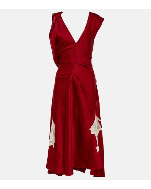 Victoria Beckham Red Lace-trimmed Draped Satin Midi Dress