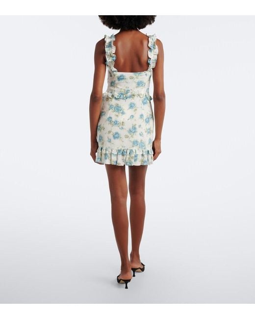 Alessandra Rich Blue Ruffled Floral Silk Crepe De Chine Minidress