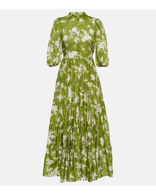 Erdem Green Dalia Tiered Floral-print Cotton Maxi Shirt Dress