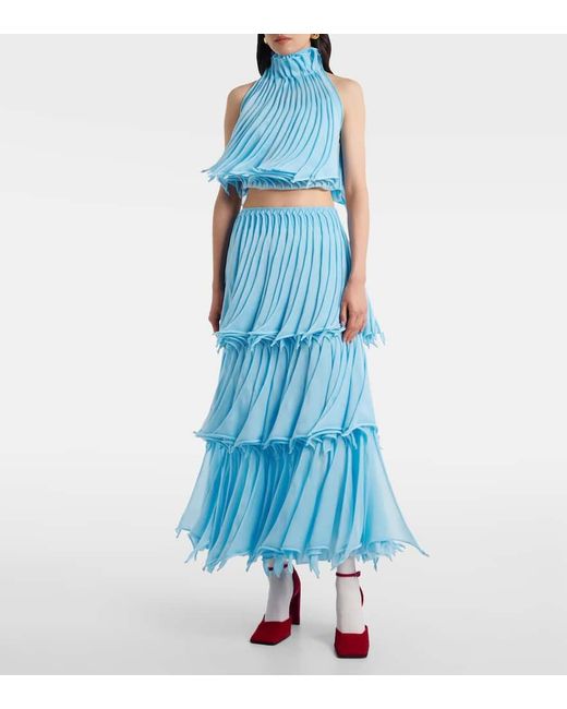 Alaïa Blue Pleated Tiered Maxi Skirt