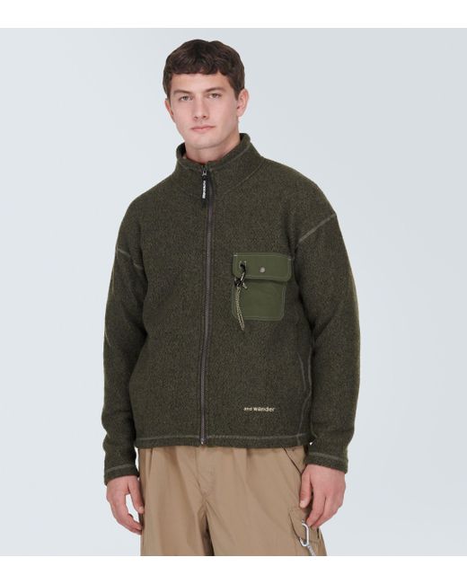 And Wander Green Re Wool Jq Stand Zip Jacquard Jacket for men