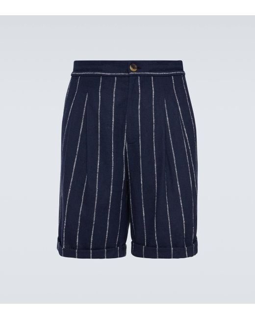 Brunello Cucinelli Blue Chalk Stripe Linen, Wool, And Silk-blend Shorts for men