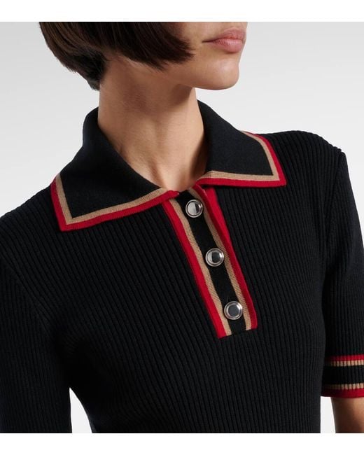 Alessandra Rich Black Ribbed-Knit Virgin Wool Polo Dress