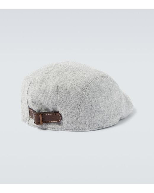 Brunello Cucinelli White Embroidered Virgin Wool Flannel Cap for men