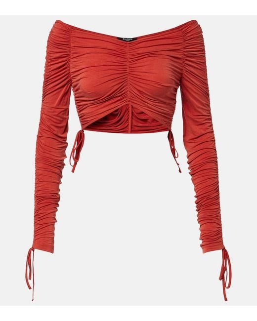 Balmain Red Ruched Jersey Crop Top