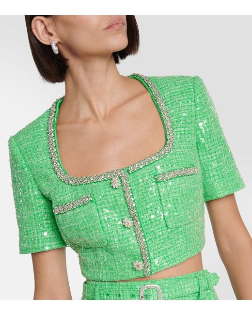 SelfPortrait Sequined Embellished Boucle Crop Top in Green Lyst