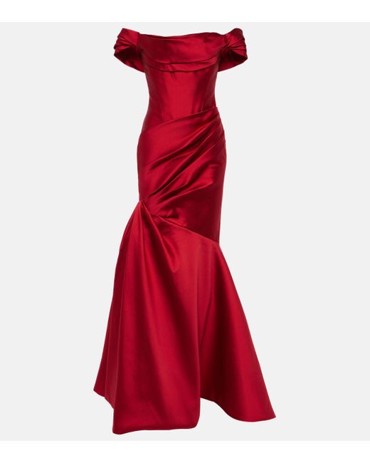 Monique Lhuillier Red Draped Off-Shoulder Gown