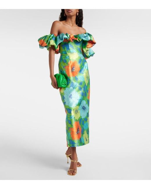 ALÉMAIS Green Floral Ruffled Satin Midi Dress