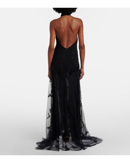 Blumarine Black Embellished Georgette And Lace Maxi Dress