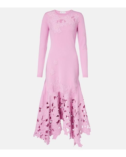 Vestido Midi Con Bordado Floral Oscar de la Renta de color Pink