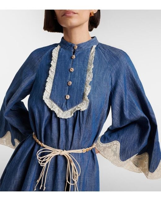 Zimmermann Blue Awaken Belted Lace-Trimmed Denim Minidress
