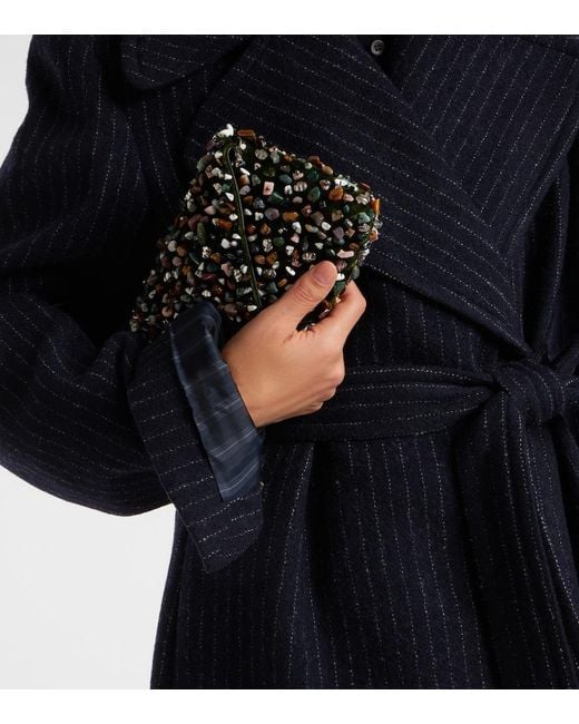 Dries Van Noten Black Belted Pinstriped Wool Coat