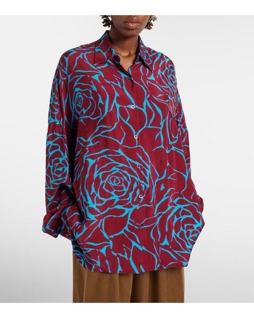 Dries Van Noten Red Printed Oversized Satin Shirt