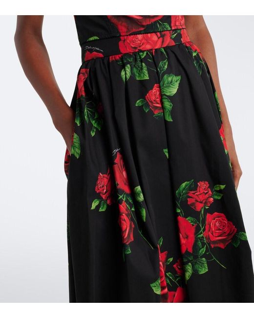 Dolce & Gabbana Red Floral Cotton Poplin Midi Skirt