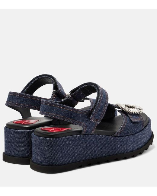 Roger Vivier Blue Embellished Denim Wedge Sandals