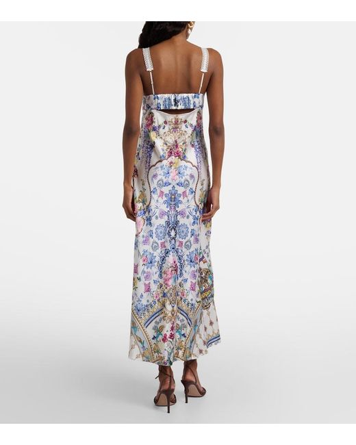 Camilla Blue Embellished Printed Silk Satin Midi Dress