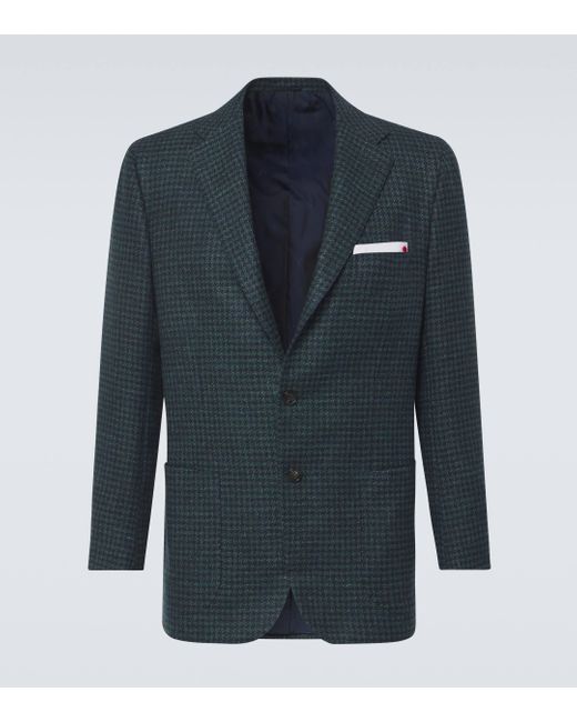 Kiton Blue Houndstooth Wool, Silk, And Linen Blazer for men