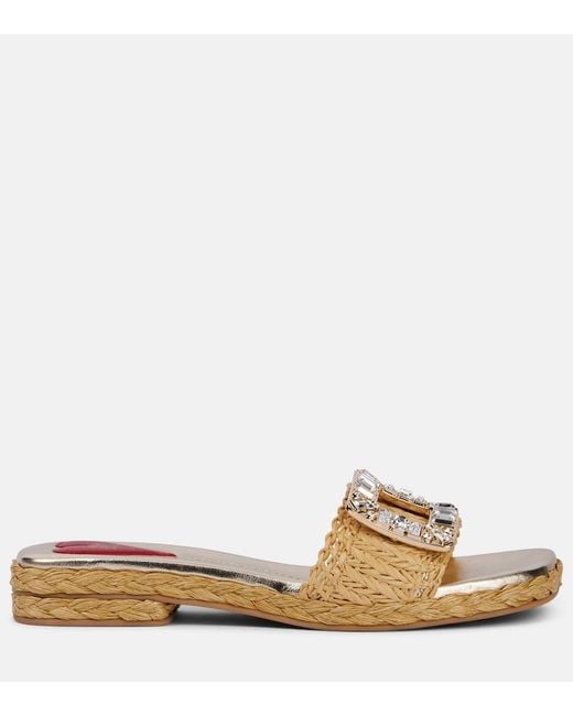 Roger Vivier Brown Crystal-Embellished Raffia Mules