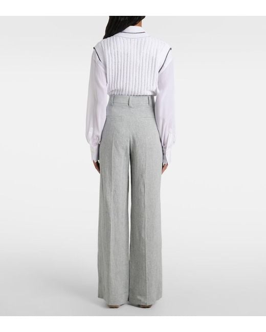 Brunello Cucinelli Gray Linen-Blend Wide-Leg Pants