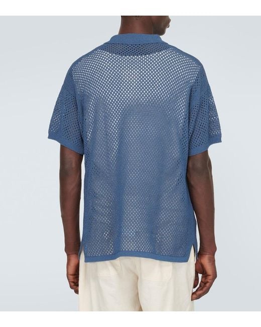 Frescobol Carioca Blue Castillo Cotton-Blend Crochet Bowling Shirt for men