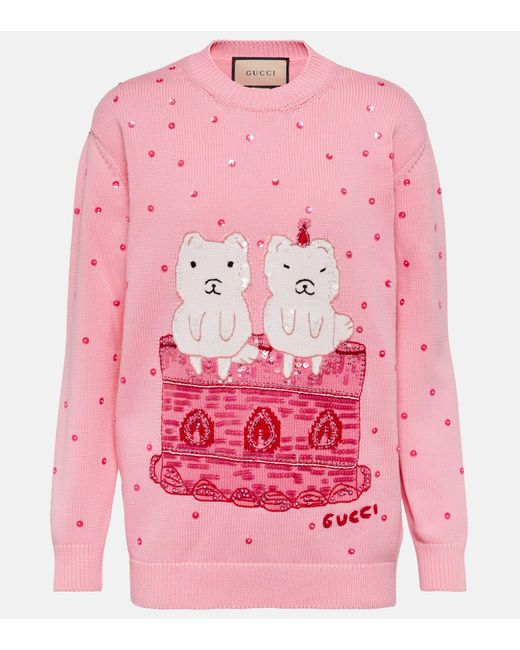 Gucci Pink Kawaii Embellished Intarsia-knit Cotton Sweater