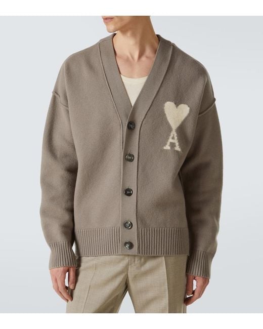 AMI Brown Ami De Cour Virgin Wool Cardigan for men