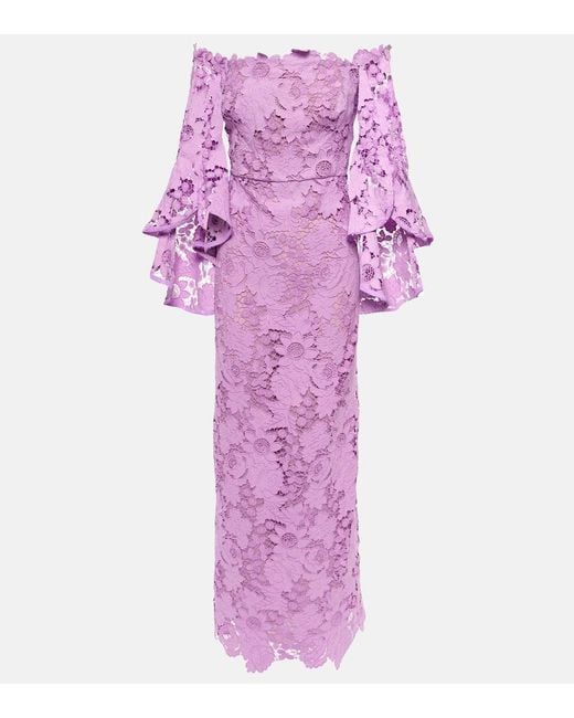 Oscar de la Renta Purple Off-Shoulder-Robe Aus Spitze