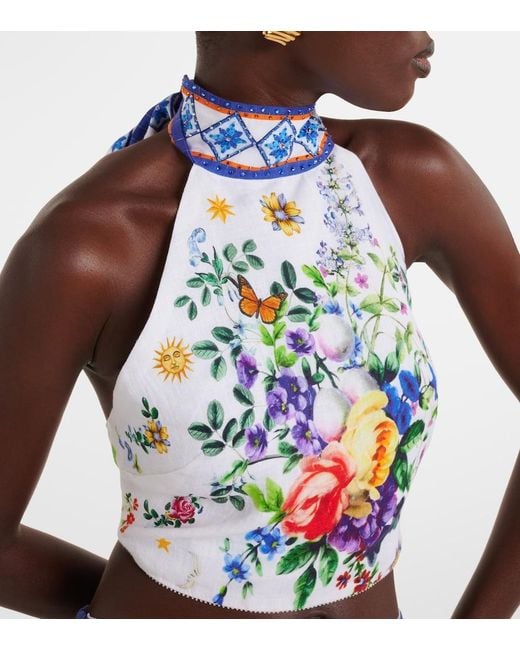 Camilla White Embellished Halterneck Linen Top