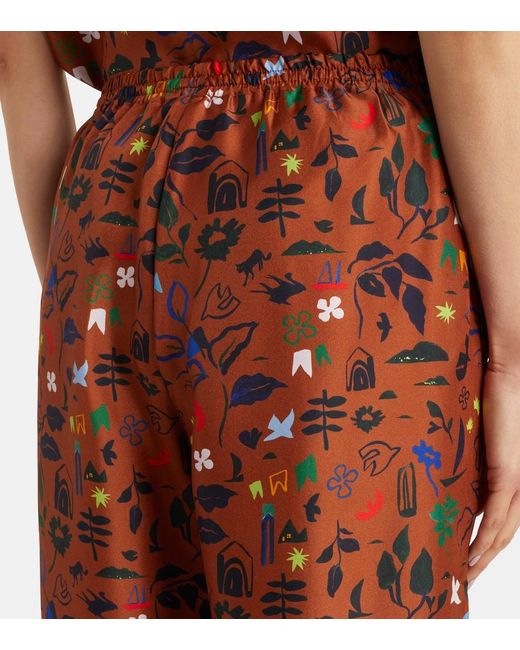 Asceno Brown Aurelia Printed Silk Twill Wide-Leg Pants
