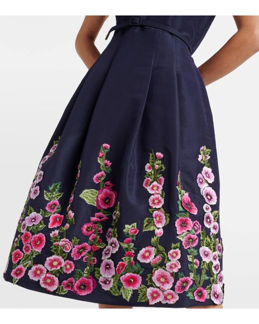 Oscar de la Renta Blue Hollyhock Embroidered Silk Midi Dress