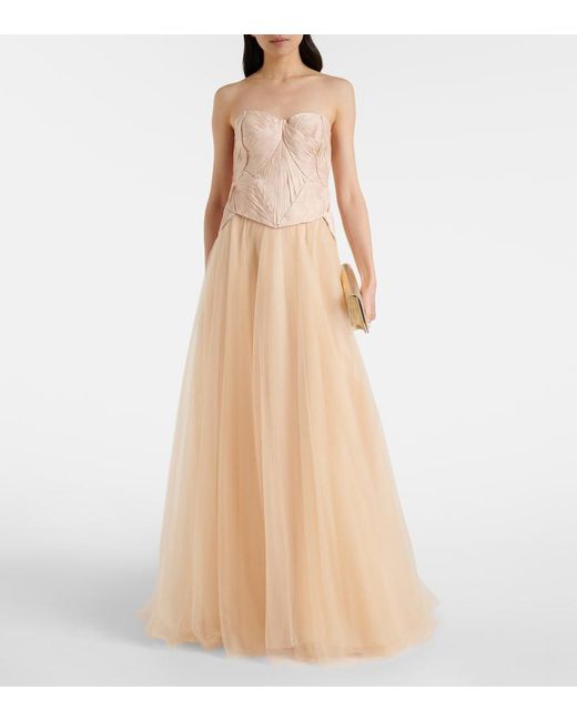 Costarellos Natural Lucasta Georgette Bustier Gown