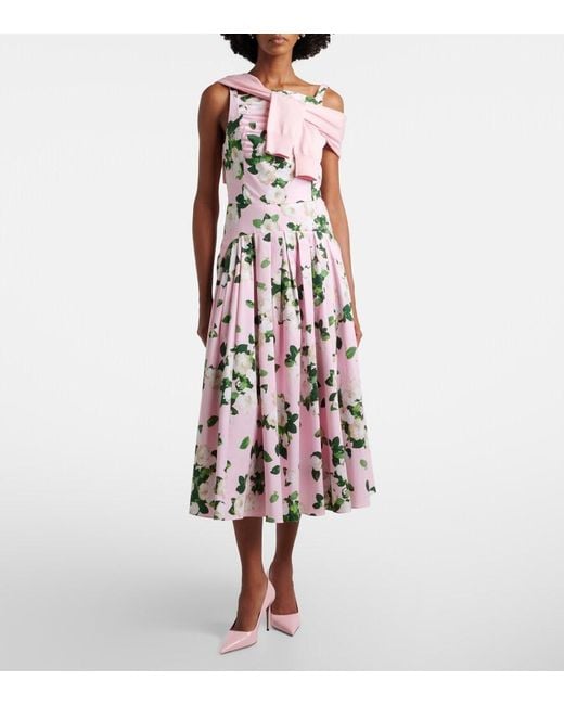 Carolina Herrera White Floral Pleated Cotton-Blend Midi Dress