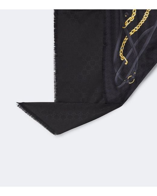 Gucci Black Fringe-Trimmed Printed Silk Shawl