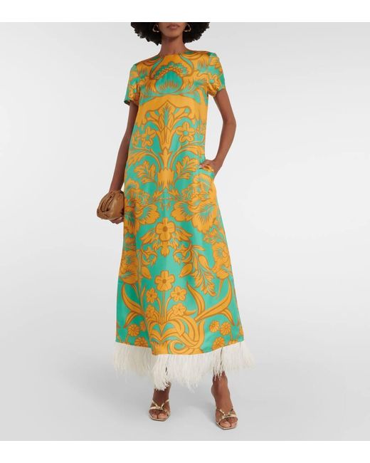LaDoubleJ Yellow Swing Feather-trimmed Printed Silk Maxi Dress