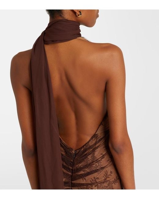 De La Vali Brown Amora Scarf-Detail Ruched Lace Maxi Dress